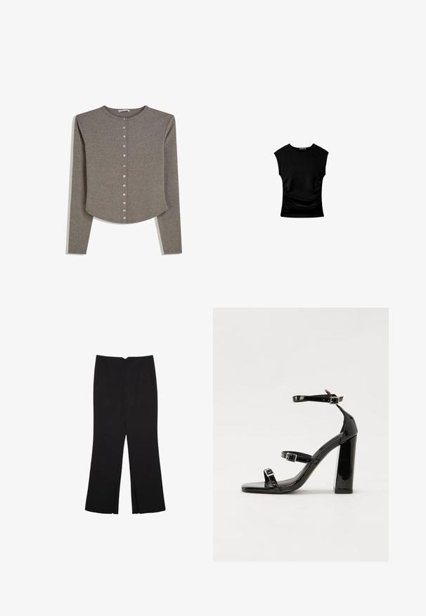 Grå langærmet cardigan lavet af blødt stof, med rund halsudskæring, knaplukning foran og en let buet nederkant.; Sort kortærmet top med en figursyet silhuet, der har skr gathered side detaljer og et glat, strækbart stof for komfort.; Sorte bukser med lige pasform, der har frontlommer og slidser i kanten. Lavet af blødt, glat stof. Velegnet til forskellige anledninger.; Sorte patenterede hælsandaler med firkantet tå, ankelremme og sølvspænder. Har en chunky blokHæl for stabilitet.