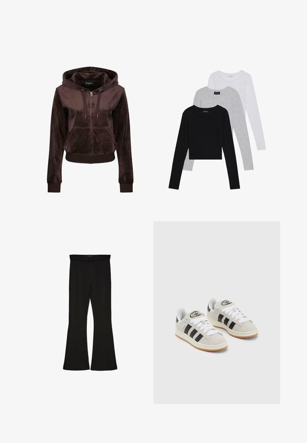 Bruine velours zip-up hoodie met een vo pocket, verstelbare capuchon met trekkoord, en geborduurd logo op de borst. Zachte textuur en slim fit ontwerp.; Drie langmouwige tops gestapeld: zwart, grijs en wit. Elke top heeft een ronde halslijn en een cropped ontwerp van soepel, lichtgewicht materiaal.; Zwarte flare leggings gemaakt van rekbaar materiaal. Beschikt over een brede tailleband en een zachte textuur, met een getailleerd silhouet dat uitloopt bij de zoom.; Grijze nubucklederen sneakers met witte veters, zwarte strepen en een witte rubberen zool. Bevat een rond logo op de tong en een gumzool.