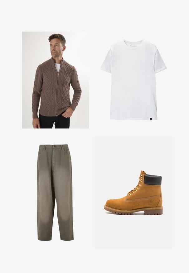 Brauner Strickcardigan mit Kabelmustern, durchgehendem Reißverschluss sowie gerippten Bündchen und Saum. Hergestellt aus strukturiertem Stoff, bietet einen hohen Kragen.; Weißes Muskel-fitt T-Shirt aus Baumwolle. Rundhals, kurze Ärmel, glatte Textur. Kleines schwarzes Logo-Tag am Saum. Schlichtes Design.; Helle grüne, weite Hosen aus weichem Stoff. Verfügt über einen Knopfverschluss, Vorderseiten-Taschen und eine insgesamt glatte Textur.; Beige Wildleder-Ankle-Boot mit schwarzem gepolstertem Kragen, goldenen Metallösen, weißen Nähdetalben und einer robusten Gummisohle mit ausgeprägtem Profil.