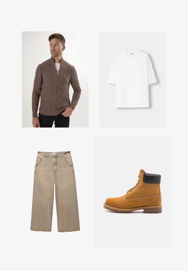 Bruine gebreide cardigan met kabelpatronen, volledige rits en geribbelde mouwen en zoom. Gemaakt van textuurstof, heeft een hoge kraag.; Witte t-shirt met korte mouwen, gemaakt van katoen, met een ronde halslijn en een relaxte pasvorm. Gladde textuur, zonder zichtbare patronen of accenten.; PULL&BEAR MEGA BAGGY - Baggy jeans - light grey; Tan suède enkelboot met zwart gevoerd kraagje, gouden metalen oogjes, witte stikdetails en een robuuste rubberen zool met uitgesproken profiel.