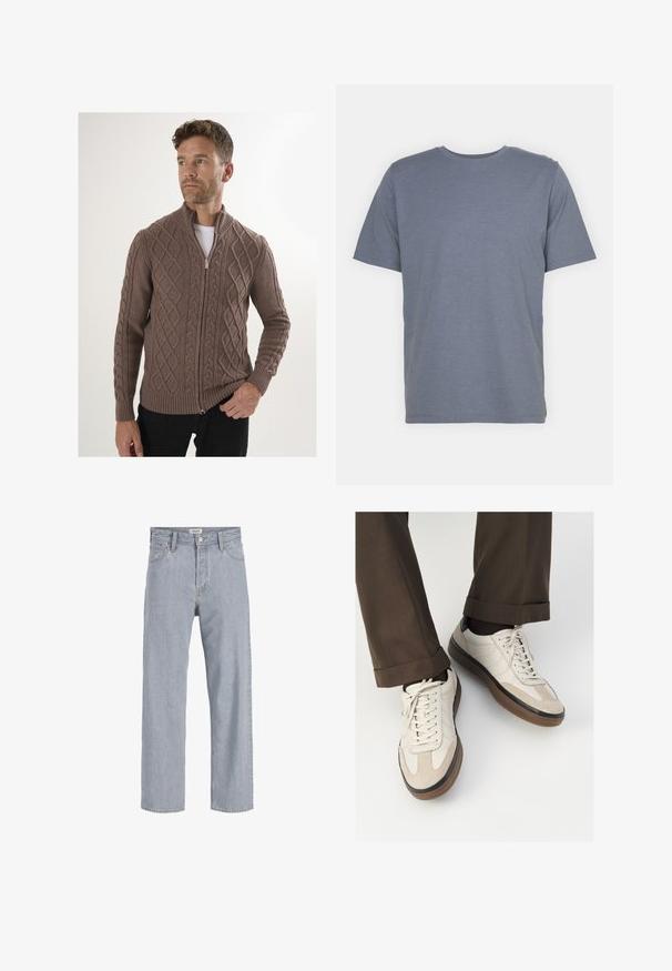 Cárdigan marrón de punto con patrones de trenzado, cierre completo y puños y dobladillo de canalé. Hecho de un tejido texturizado, cuenta con un cuello alto.; Camiseta gris de manga corta con cuello redondo, hecha de una suave mezcla de algodón. Diseño simple, sin patrones ni acentos.; Jeans de mezclilla azul claro con un ajuste holgado, diseño de pierna recta, costuras visibles, dos bolsillos frontales y cierre de botón.; Zapatillas beige con un frente de ante texturizado, lados de cuero liso y suela de goma marrón. Incluyen cordones y un detalle de costura ligera.