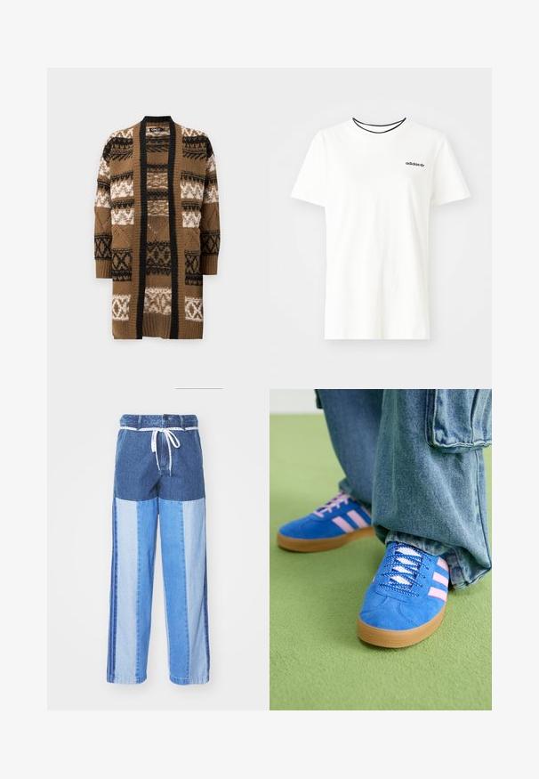 Cárdigan marrón de punto con patrones geométricos en blanco y negro, diseño de frente abierto, mangas largas y ribete negro en contraste.; Camiseta de algodón blanca con manga corta y escote redondo. Presenta un logo negro de Adidas en el pecho y un cuello interior negro en contraste.; Pantalones de denim azul con un diseño de patchwork en diferentes tonos de azul, cintura con cordón y piernas sueltas de corte recto.; Zapatos de gamuza azul con rayas rosas y cordones blancos, con una suela de goma, combinados con pantalones denim holgados sobre una superficie verde.