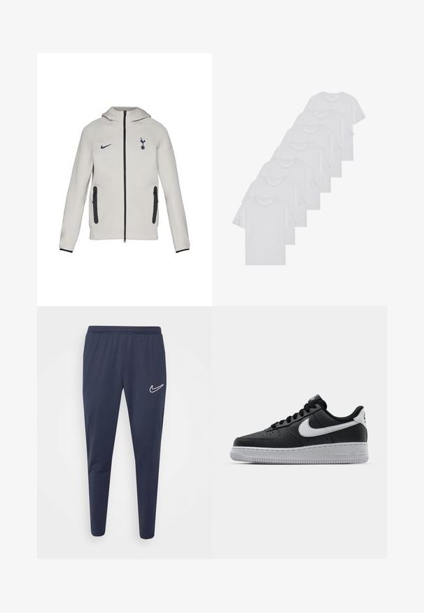 Felpa leggera grigia con zip, caratterizzata dal logo Nike e dall'emblema del Tottenham, con zip e dettagli neri, tessuto morbido e design con cappuccio.; T-shirt bianchi in cotone, maniche corte, design a collo tondo, texture liscia, impilati in fila, con un sottile marchio all'altezza del collo.; Pantaloni sportivi blu navy con vita elastica, gamba affusolata, realizzati in tessuto liscio, con logo Nike bianco sul lato sinistro.; Sneaker in pelle nera con superficie texture, baffo Nike bianco, suola grigia, punta rotonda e design con lacci. Presenta delle perforazioni sulla punta.