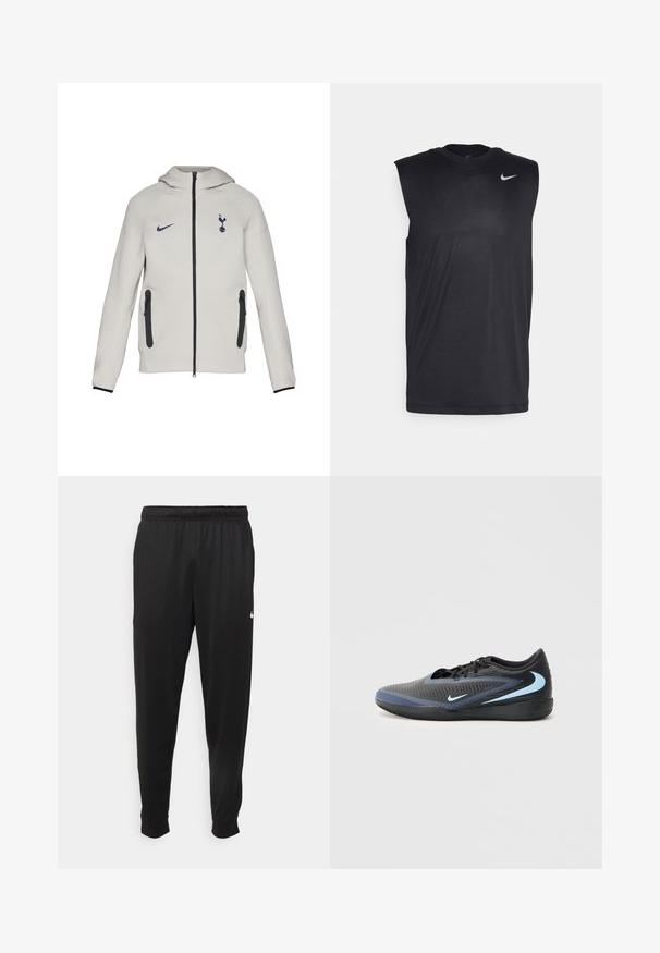 Gaišs pelēks zip-up džemperis ar Nike logo un Tottenham emblemu, melniem zipiem un akcentiem, gluda auduma un ar kapuci.; Melna bezpiedurkņu sporta krekls, izgatavots no gludas auduma, ar apaļu kakla izgriezumu un mazu baltu Nike swoosh logotipu augšējā kreisajā stūrī.; Melnas sporta bikses, kas izgatavotas no gludas auduma, ar elastīgu jostu, sašaurinošām kājām un mazu balto logo kreisajā pusē.; Melna un zila zema profila sporta apavu pāris ar teksturētu virsmu, melnām šņorēm un gaiši zilām Nike žilbinošām logrām sānos un zolē.