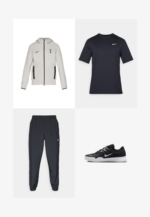 Heledanehallide hall track-zipperiga kapuutsiga sviiter, millel on Nike logo ja Tottenhami embleem, mustad tõmblukud ja aktsendid, sile kangas ning kapuutsiga disain.; Must tume musta Nike t-särk, mis on valmistatud siledast kangast, valge swoosh logo vasakul ülanurgas, ümar kaelus.; Kerged mustad spordipüksid, mis on valmistatud kerge kangaga, elastse vöökoha, pahkluude mansettide ja diskreetse Nike logo abil vasakul külgedel.; Must mustad jalanikesad rikaste ülaservaga, valge Nike swoosh'i ja valge kummist välispõhjaga. Omab paeltega sulgemisdetaili ja dünaamilist kuju.