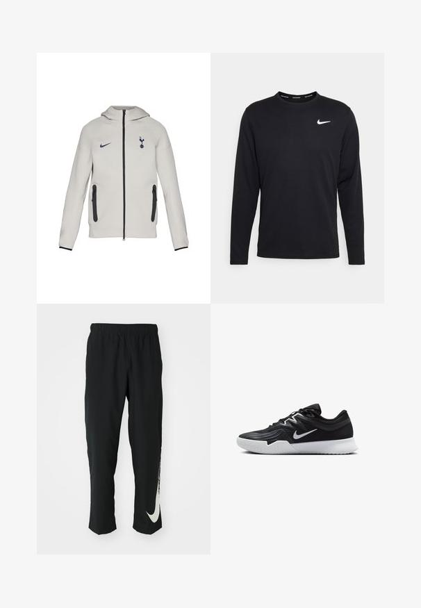 Gaišs pelēks zip-up džemperis ar Nike logo un Tottenham emblemu, melniem zipiem un akcentiem, gluda auduma un ar kapuci.; Melnas Nike krekls ar garām piedurknēm, izgatavots no gludas auduma, ar baltu Nike logo kreisajā krūtī un apaļu kakla izgriezumu.; Melni sporta bikses ar elastīgu jostasvīru, ar sašaurinātu dizainu, kurām uz kreisā kājas gabala ir liels balts Nike logo. Mīksts, viegls audums.; Melni sporta apavi ar teksturētu virsu, balto Nike zulumu un balto gumijas zoli. Iezīmējas ar auklu pievilkšanas dizainu un dinamisku formu.