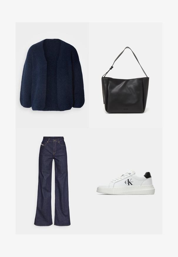 Lindex CARDIGAN VANESSA - Gilet - navy; Débardeur noir en tissu côtelé, avec un décolleté en forme de rond et une coupe ajustée. Coutures plates et sans ornements. Design simple et épuré.; Jeans ample bleu foncé en denim avec taille haute, ornés de surpiqûres orange, d'un design à cinq poches et d'une fermeture à bouton.; Baskets basses blanches avec un tab de talon noir, semelle plateforme, lacets et logo "CK" de Calvin Klein sur le côté.; Calvin Klein GRACIE MEDIUM - Sac à main - black