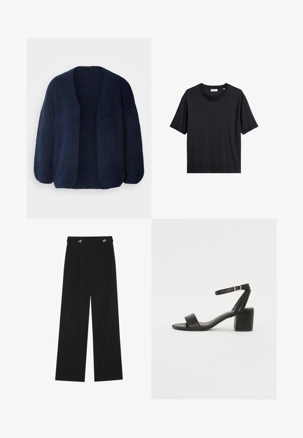 Lindex VANESSA - Strickjacke - navy; Schwarzes Baumwoll-T-Shirt mit Rundhalsausschnitt, kurzen Ärmeln und lockerer Passform. Der Stoff wirkt glatt und hat einen subtilen Glanz.; Schwarze weite Hosen mit hoher Taille, Knopfdetails am Bund und vorderen Falten.; Schwarze High Heels Sandalen mit einem glatten Lederoberteil, offener Zehenpartie, breiten Vorderstraps und verstellbarem Knöchelriemen mit einem goldenen Schnallen-Detail.