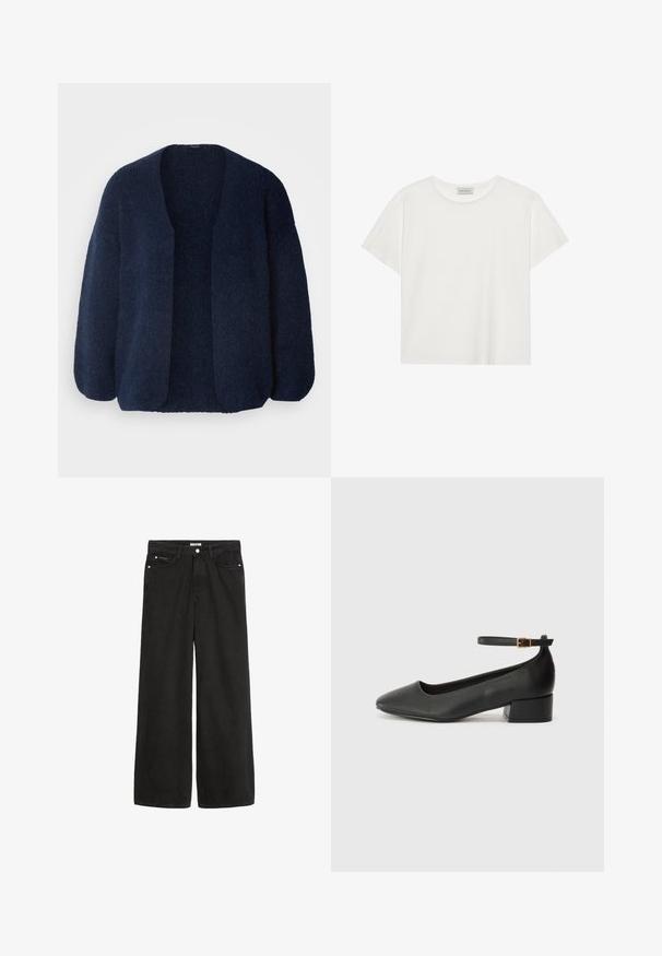 Lindex CARDIGAN VANESSA - Adīta jaka - navy; Balts īsām piedurknēm T-krekls, kas izgatavots no mīksta kokvilnas. Tam ir apaļš izgriezums un brīvs piegriezums. Tīrs dizains bez redzamām rakstiem vai akcentiem.; Plašas kāju melnas denima bikses ar augstu jostasvietu. Iespējo piecas kabatas, metāla detaļas un gludu apdari. Audums ir mīksts un patīkams uz tausti.; Melnas ādas sūkņi ar smailu purngalu un zemu bloku papēdi. Iezīmēts ar potītes siksniņu ar zelta krāsas sprādzi. Gluda tekstūra.