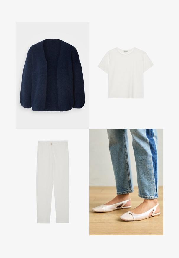 Lindex CARDIGAN VANESSA - Cardigan - navy; Hvit T-skjorte med kort erm laget av myk bomull. Har rund hals og avslappet passform. Rent design uten synlige mønstre eller aksenter.; Hvite, skreddersydde bukser med rette ben, med knapplukking, beltehemper og sidelommer; glatt tekstur.; Lys rosa slingback leiligheter med spiss tå, laget av et glatt, læraktig materiale. Har utskjæringer på sidene og lav hæl.