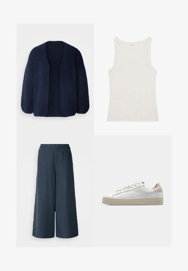 Lindex CARDIGAN VANESSA - Cardigan - navy; Hvid bomulds tanktop med en bred halsudskæring og tynde skulderstropper. Glat tekstur uden synlige mønstre eller udsmykninger.; Bredde ben bukser i marineblå, lavet af letvægtsstof. Har en let struktureret overflade, elastisk talje og forseglede sømme foran.; Hvide lædersneakers med en glat overflade, beige ruskindsdetaljer, rund tå, flad snørebåndsdesign og en struktureret gummisål.