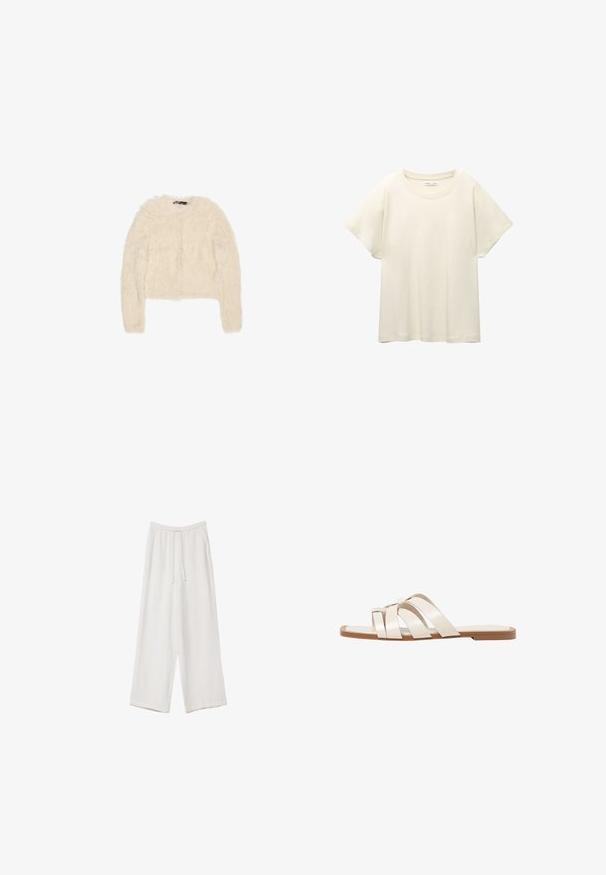 Kremowy, puszysty kardigan z długim rękawem i okrągłym dekoltem, z zapięciem na guziki z przodu, ułożony na płasko na białym tle.; Jasno beżowa, krótko rękawowa koszulka z okrągłym dekoltem, wykonana z miękkiego, gładkiego materiału. Posiada luźny krój i prosty dół.; Białe spodnie o szerokich nogawkach wykonane z lekkiego materiału. Posiadają elastyczny pas z sznurkiem i boczne kieszenie. Gładka tekstura.; Płaskie sandały z brązową gumową podeszwą, zaprojektowane z trzema nakładającymi się na siebie białymi skórzanymi paskami i małym detalem w postaci kokardy na środku.