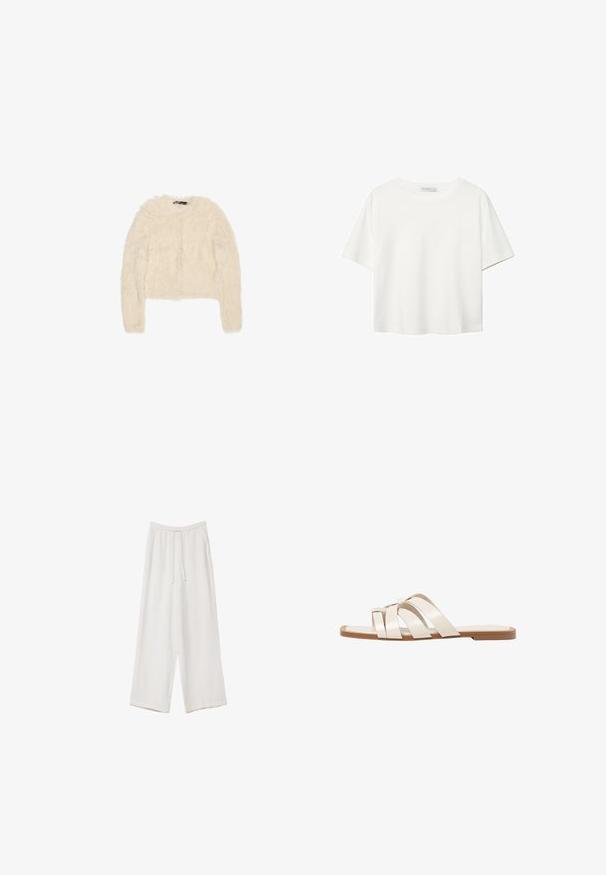 Kremowy, puszysty kardigan z długim rękawem i okrągłym dekoltem, z zapięciem na guziki z przodu, ułożony na płasko na białym tle.; Biała koszulka z krótkim rękawem, wykonana z bawełny. Posiada okrągły dekolt i luźny krój. Gładka faktura bez widocznych wzorów czy akcentów.; Białe spodnie o szerokich nogawkach wykonane z lekkiego materiału. Posiadają elastyczny pas z sznurkiem i boczne kieszenie. Gładka tekstura.; Płaskie sandały z brązową gumową podeszwą, zaprojektowane z trzema nakładającymi się na siebie białymi skórzanymi paskami i małym detalem w postaci kokardy na środku.