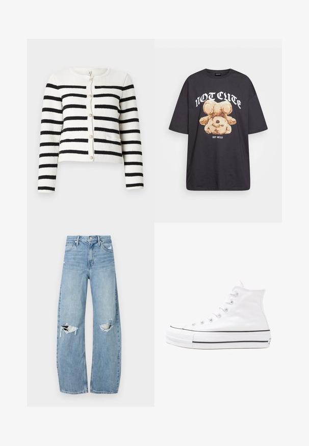 Juostuotas kardiganas kreminės ir juodos spalvos, megztas tekstūra, apvalus kaklas, priekinis užsegimas su dekoratyviniais mygtukais, dvi priekinės kišenės.; Juodas per didelis marškinėliai su bearo grafika ir tekstu "NE SIAUBINGA, BET NERAMUS" bold baltomis raidėmis. Pagaminta iš medvilnės.; Šviesiai mėlynos, aukštu juosmeniu džinsai pagaminti iš džinsinio audinio. Turi plačias kojų kelnes, dvi suplėšytas kelio vietas ir klasikinį penkių kišenių dizainą.; Balti aukštakulniai drobės sportbačiai su juodu guminio pado, priekinio guminio piršto dangteliu ir šešiais akytėmis raištams, pasižymintys švariu, minimalistiniu dizainu.