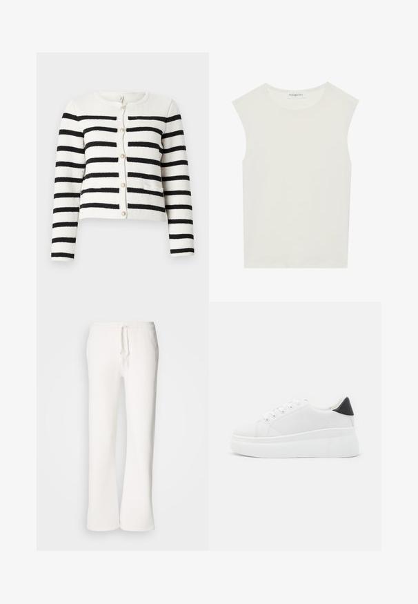 Gestreifter Cardigan in Creme und Schwarz, gestrickte Textur, runder Halsausschnitt, Frontknopfverschluss mit dekorativen Knöpfen, zwei vordere Taschen.; Weißes ärmelloses Top mit rundem Ausschnitt. Hergestellt aus glattem Stoff, hat es einen lässigen Schnitt und minimalistisches Design. Keine Muster oder Akzente.; Weiße, locker sitzende Schlafanzughosen aus weichem Material, mit einem elastischen Bund und Kordelzug sowie geradem Bein.; Weiße Plateausneaker aus glattem Kunstmaterial, mit runder Zehenform, Schnürdesign und einer strukturierten Gummisohle. Schwarzer Fersenakzent.