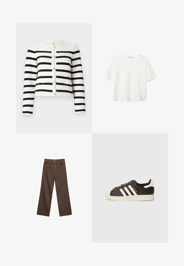 Prúhovaný kardigán v krémovej a čiernej farbe, pletená štruktúra, okrúhly výstrih, predné zapínanie na gombíky s dekoratívnymi gombíkmi, dve predné vrecká.; Biela krátkopsová tričko vyrobené z bavlny. Má okrúhly výstrih a voľný strih. Hladká textúra bez viditeľných vzorov alebo akcentov.; Džínsy s širokými nohavicami v hnedej farbe, vyrobené z denimu, so zvýšeným pásom, prednými vreckami a klasickým zapínaním na gombík. Hladká textúra s jemným prešívaním.; Nízke tenisky Adidas Superstar z tmavohnedej kože s béžovou špičkou, bielymi pruhmi a nápisom „Superstar“ na boku.