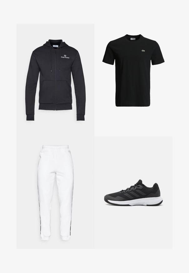 Sergio Tacchini CIPRESSO HOODIE SWEATER - Mikina so zipsom - black/white; Čierne bavlnené tričko s okrúhlym výstrihom, krátkymi rukávmi a malým zeleným logo krokodíla na ľavej hrudi. Hladká textúra, ležérny dizajn.; Biele teplákové nohavice s elastickým pásom, s čiernymi bočnými pruhmi a manžetami. Vyrobené z mäkkej tkaniny s hladkým povrchom.; Čierna atletická topánka s textúrovaným zvrškom, s tromi horizontálnymi pruhmi a bielou podrážkou s vzorovaným profilom. Ľahký a aerodynamický dizajn.