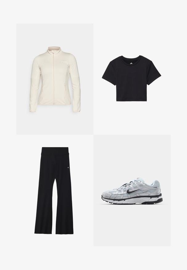 Hellbeige Zip-Jacke mit Reißverschluss, langärmeligen Ärmeln, strukturierten seitlichen Einsätzen und zwei vorderen Reißverschlusstaschen. Glattes Material mit taillierter Passform.; Schwarzes, kurzes T-Shirt mit kurzen Ärmeln, rundem Ausschnitt, aus glattem Stoff. Minimalistisches Design ohne sichtbare Muster oder Akzente.; Schwarze, ausgestellte Yogahosen aus elastischem Material, mit einem breiten Bund und einem kleinen Logo nahe der Hüfte. Glatte Textur, keine Muster.; Nike P-6000 Sneakers mit einem Obermaterial aus leichtem grauem Mesh, schwarzen Akzenten und einer langlebigen schwarzen Gummisohle. Verfügt über ein komplexes Design und ein Schnürsystem.