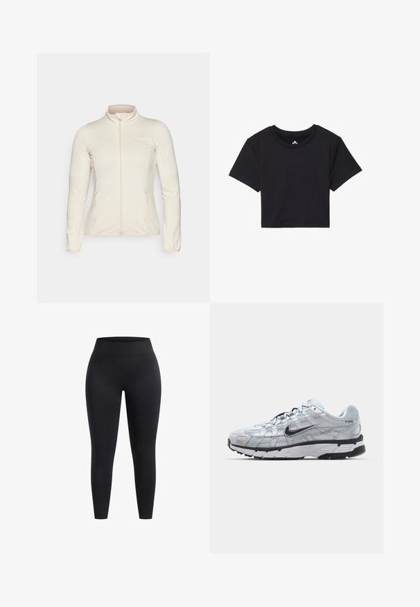 Giacca a zip beige chiaro, con maniche lunghe, pannelli laterali texturizzati e due tasche frontali con zip. Tessuto liscio con vestibilità favorevole.; T-shirt nera cropped con maniche corte, scollo rotondo, realizzata in tessuto liscio. Design minimalista senza motivi o accenti visibili.; Leggings neri a vita alta realizzati in tessuto elasticizzato, con una superficie liscia e vestibilità alla caviglia. Senza motivi o dettagli hardware visibili.; Sneakers Nike P-6000 con una toma superiore in mesh grigio chiaro, accenti neri e una resistente suola in gomma nera. Dotati di un design intricato e di un sistema di allacciatura.