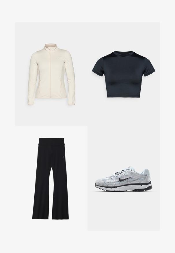 Lichtbeige ritsjack met lange mouwen, geweven zijkanten en twee voorzakken met rits. Glad stof met een flatterende pasvorm.; Kort mouw cropped top in donker marineblauw, gemaakt van glad, rekbaar stof. Voorzien van een ronde halslijn en minimale stikdetails. Geen zichtbare logo's.; Zwarte flared yoga broek van rekbaar materiaal, met een brede tailleband en een klein logo nabij de heup. Glad textuur, geen patronen.; Nike P-6000 sneakers met een lichtgrijze mesh bovenkant, zwarte accenten en een duurzame zwarte rubberen zool. Kenmerkt zich door een ingewikkeld ontwerp en vetersysteem.