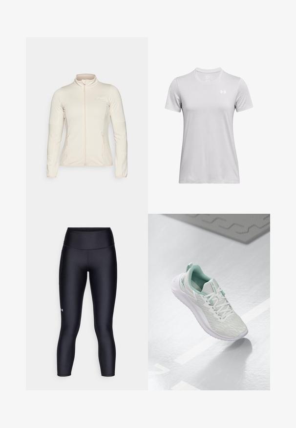 Lys beige zip-jakke med lange ermer, teksturerte sidepaneler og to frontlommer med glidelås. Rektangulært stoff med flatterende passform.; T-skjorte med korte ermer i lyse grått stoff, med rund hals og en liten, hvit logo på venstre bryst. Myk tekstur.; Svarte leggings laget av glatt, elastisk stoff. Høyt liv med tettsittende passform og en liten logo på venstre ben.; Lys grå idrettssko med en teksturert strikket overdel, mintgrønne detaljer, hvite snøringer, gummisåle og en løftestropp på hælen.