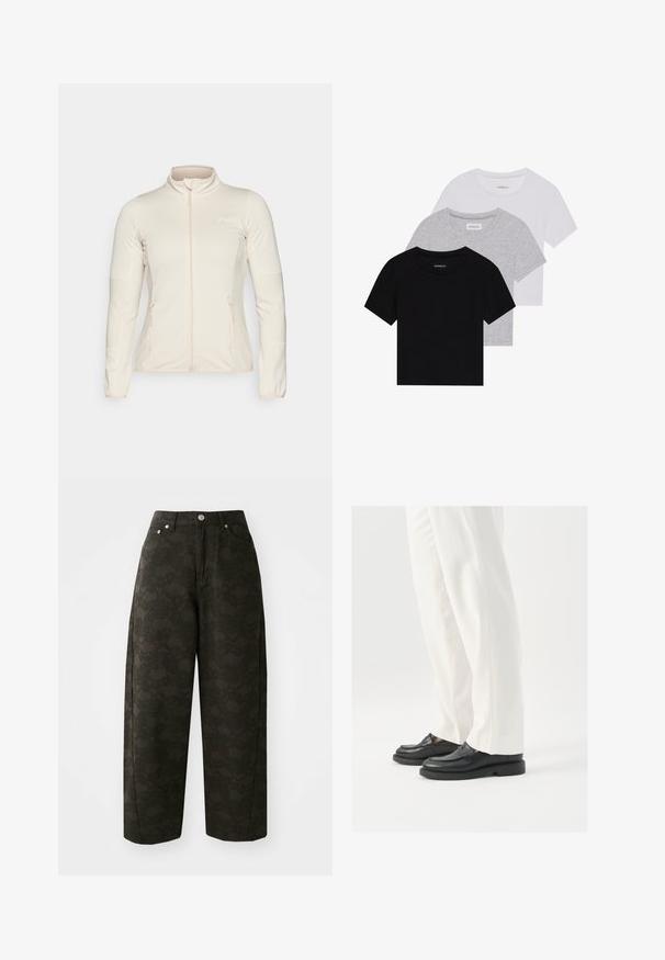 Svetle béžová zipová bunda s dlouhými rukávy, texturovanými bočními panely a dvěma předními zipovými kapsami. Hladká tkanina s lichotivým střihem.; Sada tří triček s krátkým rukávem v černé, šedé a bílé barvě. Vyrobena z bavlny, s kulatým výstřihem a jednoduchým jednobarevným designem.; Tmavě zelené kalhoty s volnými nohavicemi mají texturovaný květinový vzor, pět kapes a kovové knoflíkové zapínání v pase.; Černé kožené mokasíny s hladkým povrchem, švovými detaily a zaoblenou špičkou, kombinované s bílými saka kalhotami.