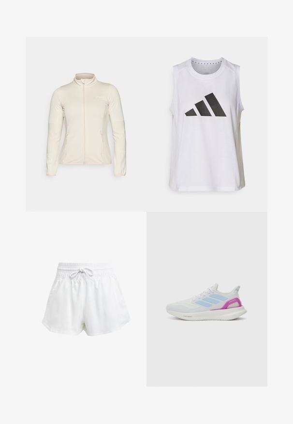 Jachetă crem deschis cu fermoar, având maneci lungi, panouri laterale texturate și două buzunare frontale cu fermoar. Material neted cu o croială avantajoasă.; Top athletic alb fără mâneci, cu decolteu rotund, având un mare logo Adidas negru, format din trei benzi, pe față.; Shorts albi sportivi cu talie elastică și șnur ajustabil. Fabricate dintr-un material ușor, cu buzunare laterale și o croială largă.; adidas Performance PUREBOOST 5 - Pantofi de alergare pe asfalt - white/glow blue/purple burst