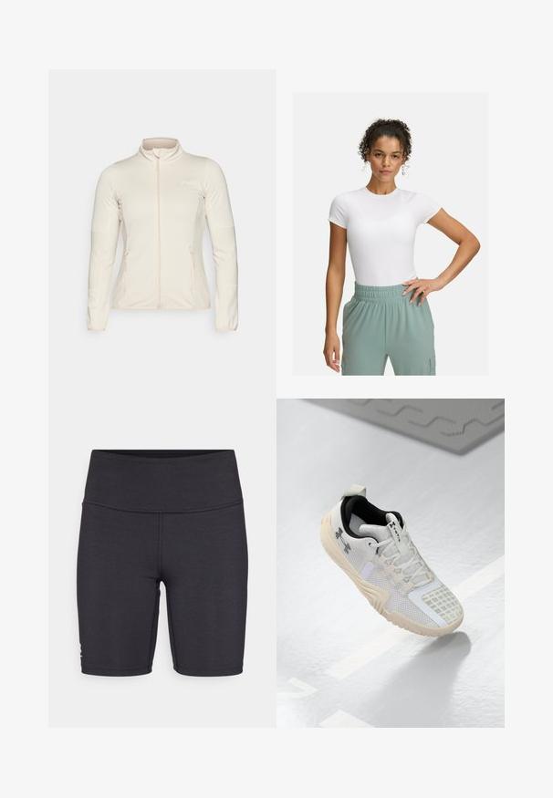 Giacca a zip beige chiaro, con maniche lunghe, pannelli laterali texturizzati e due tasche frontali con zip. Tessuto liscio con vestibilità favorevole.; T-shirt bianca aderente con maniche corte, abbinata a pantaloni con elastico in vita di colore verde chiaro. Texture liscia, design minimalista e nessun motivo visibile.; Pantaloni sportivi neri realizzati in tessuto elasticizzato, caratterizzati da una vita alta e dettagli con cuciture piatte. Progettati per comfort e mobilità.; Scarpa sportiva bianca con una tomaia in mesh testurizzato, un interno nero e una suola in gomma beige con una presa a motivo. Accentuata da dettagli sottili.