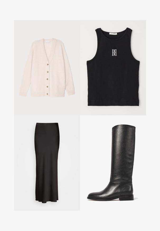 Tiger of Sweden ILARIA - Cardigan - eggshell; Sort ribbet tanktop med rund hals og hvidt broderet logo. Stoffet har en glat tekstur med en tætsiddende form.; Sort, maxiskørt i satin med en glat tekstur, tætsiddende talje og A-formet silhuet, uden synlige udsmykninger eller mønstre.; Knæhøj sort læderstøvle med tekstureret overflade, rund tå, glat skaft og lav stablet hæl. Minimalistisk design uden synligt hardware.