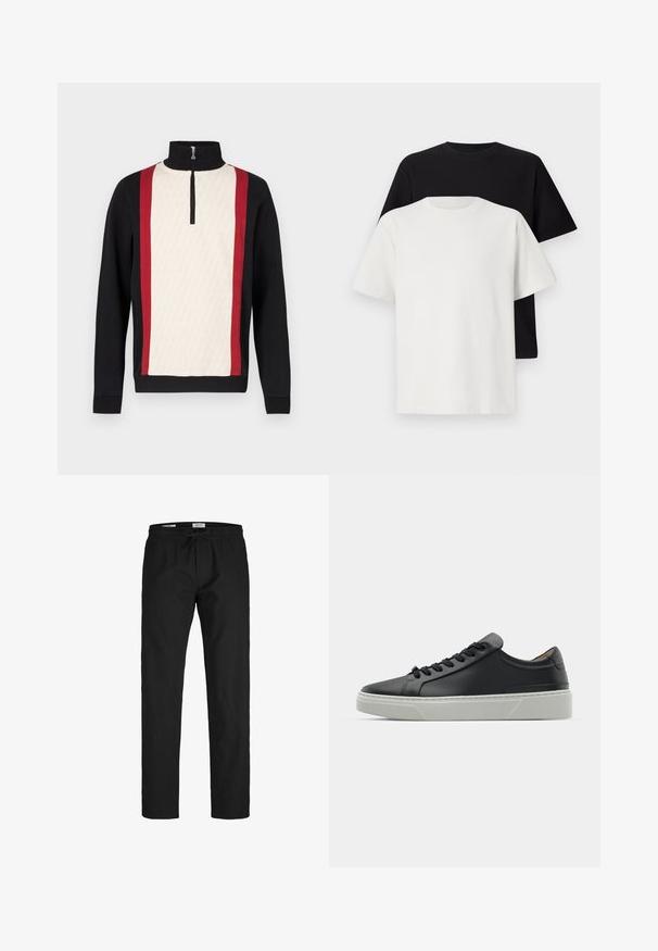 Pullover mit einem Halb-Reißverschluss-Kragen, bestehend aus einer cremefarbenen Vorderseite mit Muster, schwarzen Ärmeln und roten Seitenstreifen. Strukturiertes Gewebe.; Baumwoll-T-Shirt-Set bestehend aus einem schwarzen Oberteil und einem weißen Oberteil, beide mit kurzen Ärmeln, Rundhalsausschnitt und normaler Passform. Texturiert.; Schwarze Hose mit einem elastischen Bund, Kordelzug, geradem Schnitt, glatter Textur und ohne sichtbare Muster oder Akzente.; Schwarze Ledersneaker mit glatter Textur, runder Zehenform und schwarzen Schnürsenkeln. Verfügt über eine dicke, weiße Gummisohle mit subtilen geometrischen Akzenten.