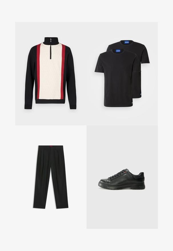 Trui met een halve rits kraag, met een crèmekleurig voorpand met een patroon, zwarte mouwen en rode zijstrepen. Gestructureerde stof.; Twee zwarte katoenen T-shirts met ronde hals, korte mouwen en blauwe "HUGO" labels op de kragen en zijsplitten.; Zwarte broek met een geplooid ontwerp, wijde pijpen en een zachte textuur. Voorzien van een rode taillebandlabel.; Zwarte leren sneaker met een gestructureerde bovenkant, gevoerde kraag en rode logo-details. Heeft een dikke rubberen zool met een opvallend loopvlakpatroon.