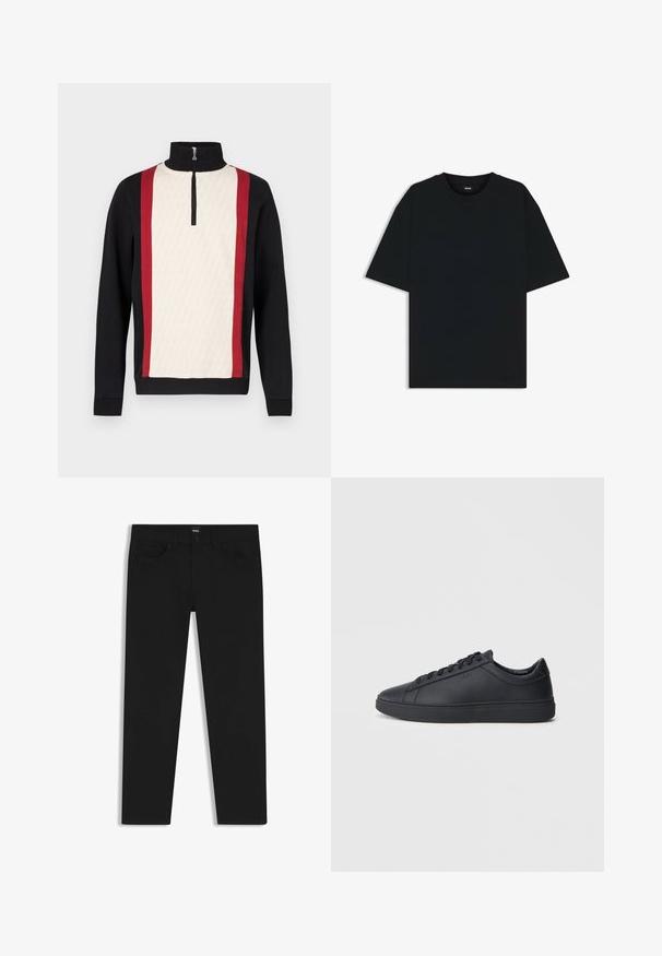 Pullover mit einem Halb-Reißverschluss-Kragen, bestehend aus einer cremefarbenen Vorderseite mit Muster, schwarzen Ärmeln und roten Seitenstreifen. Strukturiertes Gewebe.; Schwarzes Baumwoll-T-Shirt mit rundem Halsausschnitt und kurzen Ärmeln. Verfügt über einen lockeren Schnitt und ein schlichtes Design ohne Muster oder Akzente.; Schwarze Denim-Hosen mit geradem Schnitt, ausgestattet mit einem Standardbund, fünf Taschen und einem Knopfverschluss. Angenehme, glatte Textur.; Schwarze Sneaker aus glattem Leder mit einem tiefen Design, runder Zehenform und flacher Gummi-Sohle. Mit Schnürsenkeln und dezentem Branding.