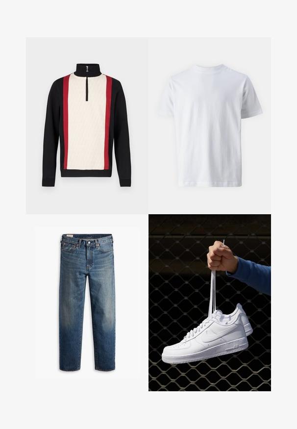 Poolover poolzipperkraega, millel on kreemikas esiosa mustriga, mustad varrukad ja punased küljeribad. Tekstuurne kangas.; Valge lühikeste varrukatega T-särk, mis on valmistatud puuvillast, omades ümmargust kaelust ja siledat tekstuuri, sirge lõike ja ilma mustrita.; Tumesinised teksapüksid lõdva lõikega, sirgete sääreosadega, viiepunktilise taskukujundusega ja õrna pleekimisega reitel. Hõbedased nööbid ja naelad.; Valged nahast tennisetossud, millel on perforatsioonid, ümar nina, lame tallus ja paksud nöörid, nähtava swooshi logoga ja "AIR" kontsadel.