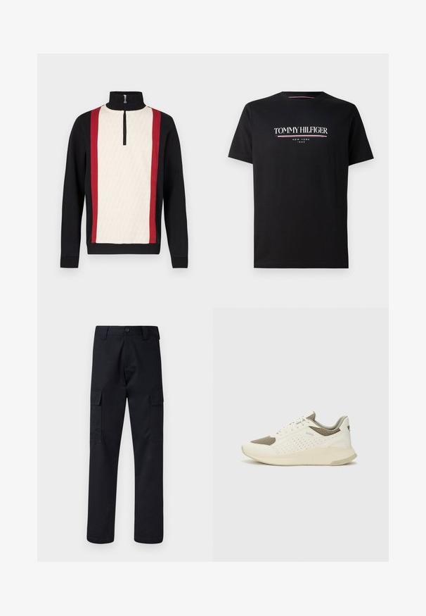 Pulôver com gola de meio fecho, com a parte da frente em creme com padrão, mangas pretas e riscas laterais vermelhas. Tecido texturado.; T-shirt de algodão preto com um logo "TOMMY HILFIGER" em branco e cores, com "NEW YORK" e "1985" em texto menor abaixo. Mangas curtas, decote redondo.; Calças cargo pretas feitas de tecido resistente, com corte de perna direita, dois bolsos laterais e fecho de botão na cintura.; Sapatilha atlética branca e bege claro, com parte superior em malha, detalhes perfurados e uma entressola texturizada com marcação no calcanhar.