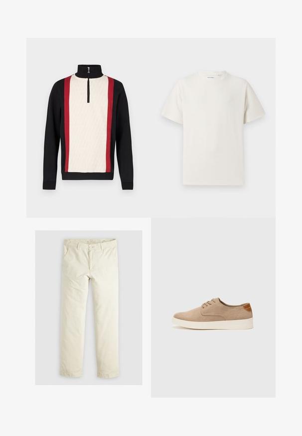Pulovr s límečkem na půlzip, krémová přední část s vzorem, černé rukávy a červené boční pruhy. Texturovaná tkanina.; Bílý krátký rukáv tričko s pružnou strukturou. Kulatý výstřih, volný střih, bez viditelných vzorů nebo detailů. Jednoduchý a univerzální design.; Svetlé béžové volné kalhoty s třemi kapsami, poutky na opasek a rovnými nohavicemi. Vyrobeno z měkké směsi bavlny.; Béžové semišové tenisky s kulatou špičkou, šněrováním vpředu a texturovaným zadním akcentem. Bílá gumová podrážka poskytuje kontrast. Jednoduchý a moderní design.