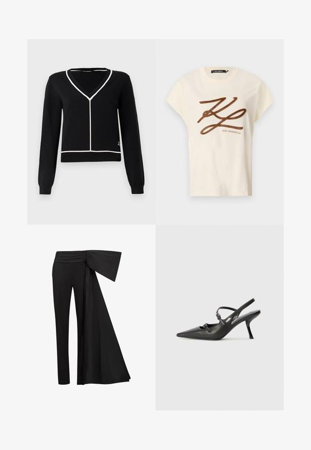 Sweater de malha preto com decote em V, apresentando linhas de destaque brancas ao longo do decote e da barra. Mangas longas e design ajustado.; T-shirt de algodão creme, com mangas curtas, apresentando um logótipo brocado castanho e um design em letra na parte da frente.; Calças pretas com um amplo detalhe drapeado na cintura. Tecido suave, corte de perna reta e cintura pregueada.; Sapatos de salto alto em couro preto, tipo slingback, com bico pontiagudo, salto esguio e detalhe decorativo em fivela no peito do pé. Textura suave e design elegante.
