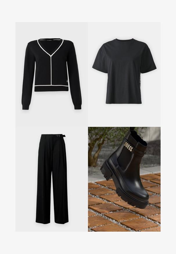 Melnas adītas džemperis ar V veida kaklu, kuram ir baltas akcentu līnijas ap kakla un apakšmalas malām. Garas piedurknes un pieguļošs dizains.; Melna īsām piedurknēm kokvilnas t-kreklu ar brīvu piegriezumu un kontrastējošu sānu paneli, kas satur nelielu tekstu un dizaina detaļas.; Melni plaši bikses ar augsto jostasvītru, priekšā ar krokojiem un jostu ar sprādzi. Izgatavotas no gludas, vieglas auduma.; Melna ādas potīšu zābaku ar masīvu gumijas zoli, elastīgām sānu paneļiem un zelta akcents ar "GUESS" zīmola nosaukumu.