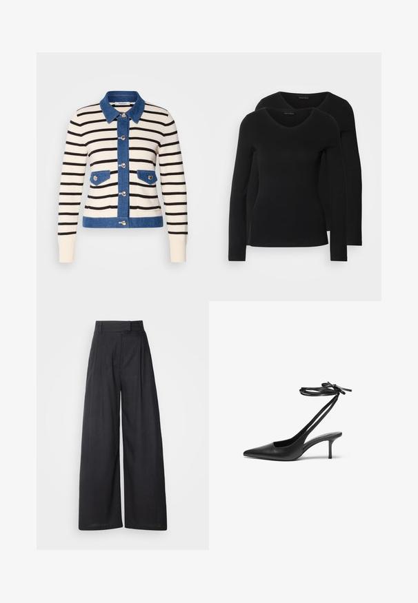 Gestreifter Cardigan mit einer cremefarbenen Basis und schwarzen Streifen, Denim-Kragen und Taschen. Vorderknöpfe und kontrastierende Denim-Details.; Zwei schwarze Langarmshirts mit V-Ausschnitt, aus weichem, dehnbarem Stoff, der eine glatte Textur und eine figurbetonte Passform zeigt.; Dunkle, weit geschnittene Hosen mit strukturiertem Bund und Falten. Aus leichtem Stoff gefertigt, mit glatter Textur und ohne sichtbare Muster.; Schwarzer Leder-Stiletto mit spitzem Zehenbereich, offenem Fersenbereich und mit einer Schleife gebundenen Knöchelriemen. Schlanker 3-Zoll-Absatz. Glatte Textur, minimalistisches Design.