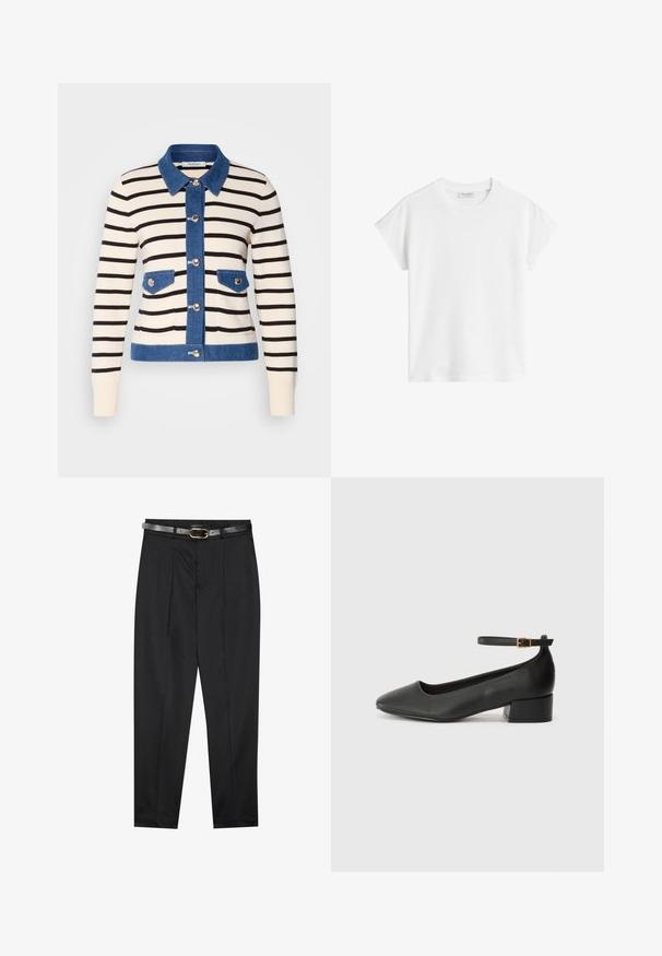 Gestreepte cardigan met een crèmekleurige basis en zwarte strepen, denim kraag en zakken. Voorknopjes en contrasterende denim accenten.; Witte korte mouwen t-shirt van katoen. Heeft een ontspannen pasvorm met een ronde hals en iets verlaagde schoudernaden. Geen patronen of accenten.; Zwarte broeken van een gladde stof, met een aansluitende tailleband en een gestructureerde grijze riem met een gouden gesp. Licht taps toelopende broekspijpen.; Zwarte leren pump met een spitse neus en een lage blokhak. Beschikt over een enkelband met een goudkleurige gespsluiting. Gladde textuur.