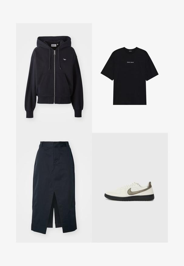 Navy blue zip-up hoodie made of soft fabric, featuring a kangaroo pocket, ribbed cuffs, and a small heart-shaped logo on the chest.; Black cotton t-shirt with a loose design. Features short sleeves and a rounded neckline. Text "Positive Sincere" in white centered on the front.; Dark navy midi skirt made of cotton blend fabric, featuring a front slit, concealed zipper, and side pockets for functionality.; Nike Sportswear FIELD GENERAL - Trainers - off-white/black
