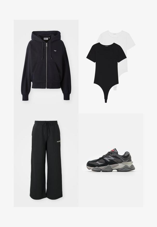 Navy blue zip-up hoodie made of soft fabric, featuring a kangaroo pocket, ribbed cuffs, and a small heart-shaped logo on the chest.; Black and white short-sleeve bodysuits with round necklines and thong bottoms, made from smooth, stretchable fabric.; Black wide-leg sweatpants made of soft fabric, featuring an elastic waistband with drawstring and a small logo on the left side.; Black and gray sneaker with a mix of suede and mesh materials, thick sole, prominent logo, and red accent on the tongue.