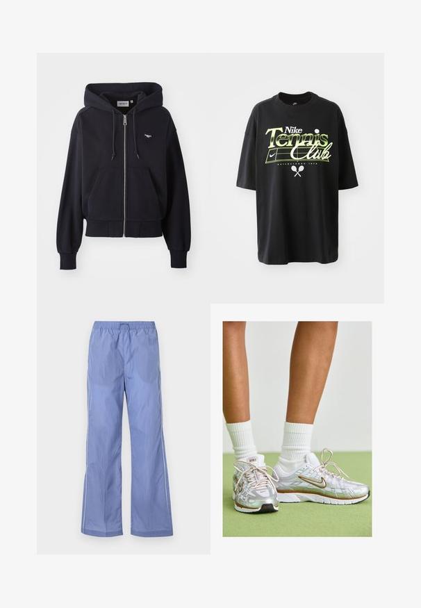 Sudadera con cremallera de color azul marino, hecha de un tejido suave, con un bolsillo tipo canguro, puños acanalados y un pequeño logo en forma de corazón en el pecho.; Camiseta de algodón negra con mangas cortas, que presenta un gráfico en verde y blanco del "Nike Tennis Club", ilustraciones de una pelota de tenis y una raqueta.; Pantalones ligeros de color azul con cintura elástica, con un corte holgado y piping lateral. Fabricados con un material suave y duradero.; Zapatillas deportivas plateadas con toques en blanco y dorado, que presentan una parte superior de malla, suela de goma y un acabado reflectante. Calcetines visibles por encima del tobillo.