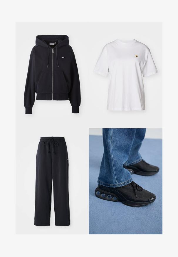 Sudadera con cremallera de color azul marino, hecha de un tejido suave, con un bolsillo tipo canguro, puños acanalados y un pequeño logo en forma de corazón en el pecho.; Camisa de algodón blanca con corte relajado, mangas cortas y un pequeño logotipo bordado en el área del pecho izquierdo.; Pantalones de chándal negros con cintura elástica y cordón, que presentan un pequeño logo blanco de Nike en el lado izquierdo.; Zapatillas deportivas negras con parte superior de malla, acentos texturizados y cápsulas de amortiguación de aire visibles en la suela. Combinadas con jeans de mezclilla azul.