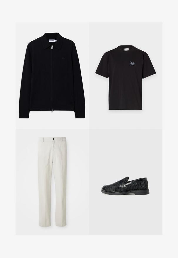 Črna dolga majica s kapuco, zadrgo, ovratnikom, rebrastimi manšetami, subtilnim logotipom spredaj in blagovno znako znotraj ovratnika.; Črna bombažna majica s kratkimi rokavi in kroоровim ovratnikom. Ima majhen modri logotip na levem prsnem delu. Preprost, ravno krojen dizajn.; Bež hlače ravnega kroja z zankami za pas, sprednjim gumbom in zadrgo, prikazane na beli podlagi.; Črne pletene zavezane čevlje s gladkim usnjenim poudarkom na zgornjem delu, okroglo zasnovo nosu in nizkoprofilsko gumijasto podplat.