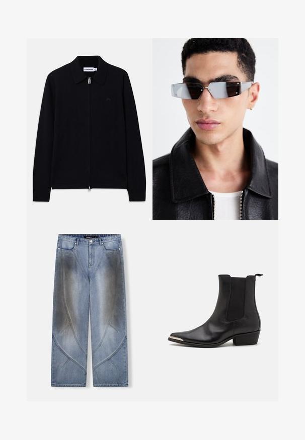 Pulover cu fermoar lung, de culoare neagră, cu mâneci lungi, guler, manșete cu nervuri, logo discret pe față și etichetă de marcă în interiorul gulerului.; Top fără mâneci în carouri cu nuanțe de roșu, albastru, galben și maro, având cuvântul "WESTWOOD" scris cu litere galbene îngroșate pe piept, împreună cu accente de stele.; Blugi decolorati largi din denim albastru deschis, cu un design unghiular unic, efecte de estompare și detalii de cusături contrastante. Stil cu cinci buzunare.; Cizme negre până la gleznă, realizate din piele texturată, cu vârf ascuțit, panouri elastice pe laterale, un tab de prindere la spate și un tocul mic cu formă de bloc.; Ochelari de soare unghiulari cu nuanță gri, cu accesorii argintii, pe un fundal deschis. Lentilele au o formă geometrică unică.