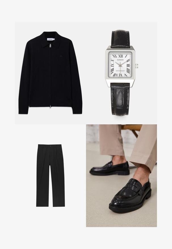 Mustavilla pitkähihaine vetoketjullinen neulepusero, jossa on kaulus, ribbien hihansuut, huomaamaton etulogo ja merkattu lappu kauluksessa.; Lyhythihaine musta T-paita, joka on valmistettu puuvillasta. Paidassa on pyöreä pääntie ja pieni brodeerattu logo rinnassa. Sujuva rakenne, normaali istuvuus.; Mustat housut suoranlahkeisella muotoilulla, valmistettu sileästä kankaasta. Ominaisuuksiin kuuluu etupleateet ja yksi nappikiinnitys vyötäröllä.; Musta nahkakengät, joissa on sileä pinta, koristetasku ja kontrastisomistus, yhdistettynä vaaleanbeigeihin housuihin.; Harmaa neliön muotoinen kello, jossa on valkoinen kellotaulu, mustat roomalaiset numerot ja teksti "VEDENKESTÄVÄ". Musta nahkaranneke, jossa on teksturoitu pinta.