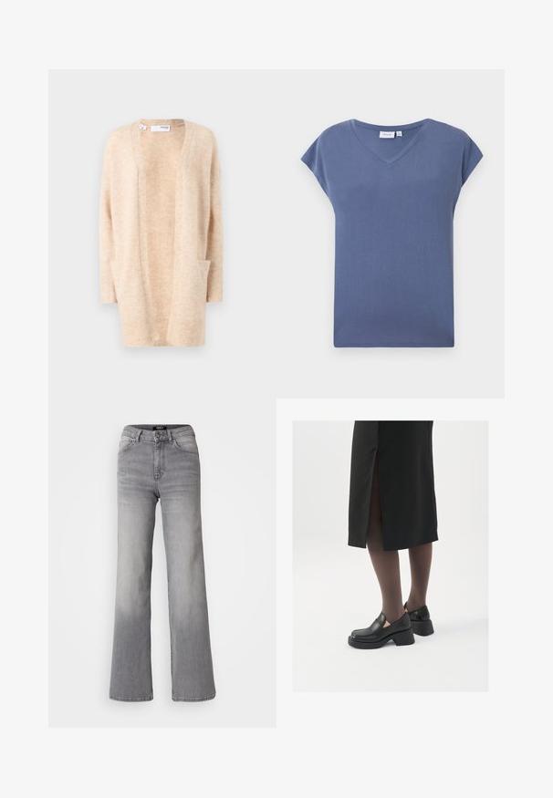 Beige cardigan laget av mykt strikket stoff med V-hals, åpen front og to sidelommer. Har ribbestrikkede ermer og nederkant.; V-hals, kortermet T-skjorte i en dempet blå farge, laget av mykt bomullsmateriale med en jevn tekstur og en avslappet passform.; Høyt liv, rette ben grå denimbukser med frontknapp og glidelås, front- og baklommer, samt falmet skygge på lår og legger.; Sorte lærersko med rund tå, tykk blokkheel og elastiske sideaksenter, sammen med mørke strømpebukser og et svart skjørt med splitt.