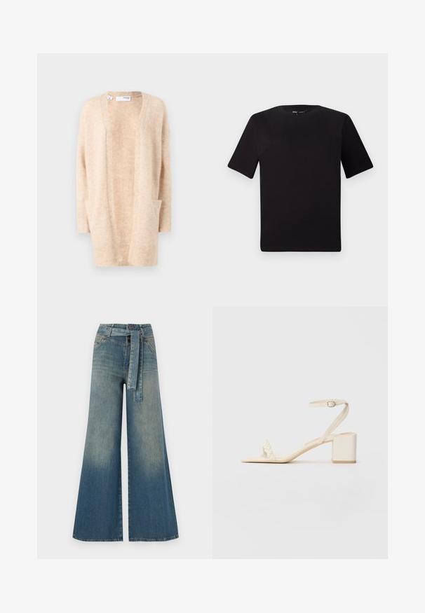 Bež kardigan iz mehkega pletenega materiala z V-izrezom, odprtim sprednjim delom in dvema stranskima žepoma. Ponuja rebraste manšete in rob.; Črna majica s kratkimi rokavi in okroglim izrezom, izdelana iz mehkega bombažnega materiala. Preprost dizajn, brez vidnih logotipov ali vzorcev.; Široke jeans hlače z gradientom od svetlo do temno modre, visokim pasom, zankami za pas in pasom iz istega materiala. Tekstura denim končnica.; Bež sandala s blok peto, izdelana iz gladkega materiala, z ozkim trakcem okoli gležnja in prstnim trakom z bisernim okrasjem. Ravna podloga.