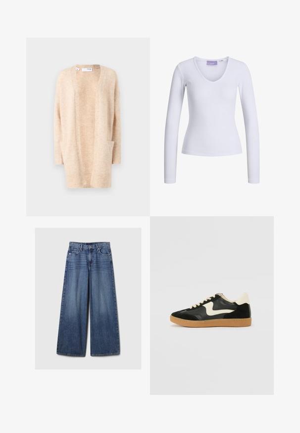 Beige kardigán, puha kötött anyagból készült, V-nyakkal, nyitott elülső résszel és két oldalsó zsebbel. Bordázott mandzsettákkal és aljjal rendelkezik.; Fehér, hosszú ujjú felső, bordázott textúrával és V-nyakkivágással. Címke látható a nyak belső részén, a "JJXX" márkanevével.; Széles lábú kék farmernadrág elhalványodott felülettel, gombos és cipzáras záródással, öt zsebbel és övhurkokkal.; Fekete velúr és bőr sneaker, krém színű oldalsó swoosh-sal és világos krém színű sarokkal. Beigézett fűzőkkel és gumi talppal rendelkezik.