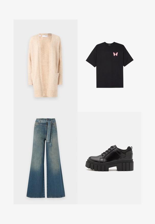 Bež kardigan iz mehkega pletenega materiala z V-izrezom, odprtim sprednjim delom in dvema stranskima žepoma. Ponuja rebraste manšete in rob.; Črna bombažna majica s kratkimi rokavi, ki ima majhen roza metuljček na levi strani prsnega dela. Majica s krožnim ovratnikom in sproščenim krojem.; Široke jeans hlače z gradientom od svetlo do temno modre, visokim pasom, zankami za pas in pasom iz istega materiala. Tekstura denim končnica.; Črne usnjene platforme z debelim blokastim petam, okroglo konico in klasičnim vezanjem. Imajo gladko teksturo in minimalne podrobnosti.